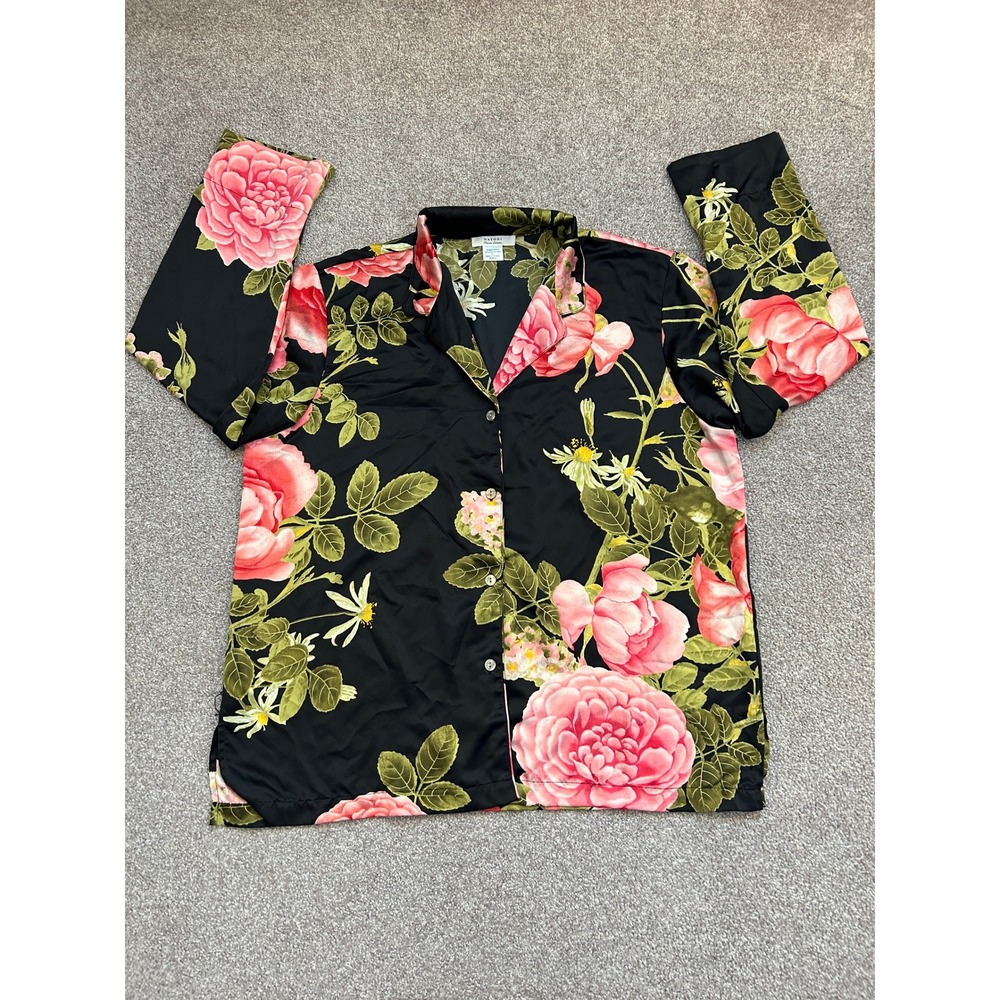 Natori Pajama Top Womens XL Black Pink Floral Rose Satin Sleep Shirt Excellent